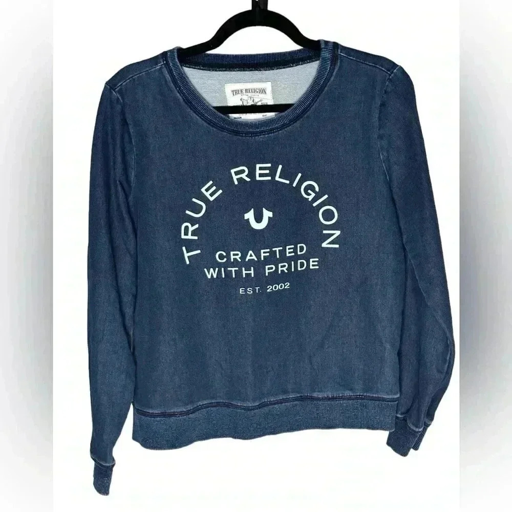 True Religion Sweatshirt Pullover Top Crafted With Pride Logo Blue Stretch S